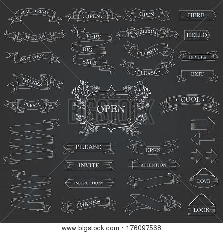 White ribbon banners set. Beautiful blank for decoration graphic. Old vintage style Flat design. Template collection labels Vector illustration