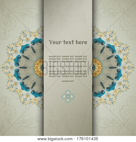 Vector card. Round vector floral pattern on vintage plaster background. Hosta plant. Place for your text.