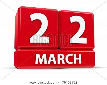 Red cubes - The Twenty Second of March - on a white table three-dimensional rendering 3D illustration