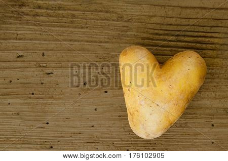 Heart shaped potato on an old spruce wood board from the sixteenth century with many wormholes. Edible tuber of nightshade Solanum tuberosum, a starchy crop. Macro food photo close up from above.