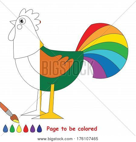 Rainbow cock to be colored, the coloring book to educate preschool kids with easy kid educational gaming and primary education of simple game level.