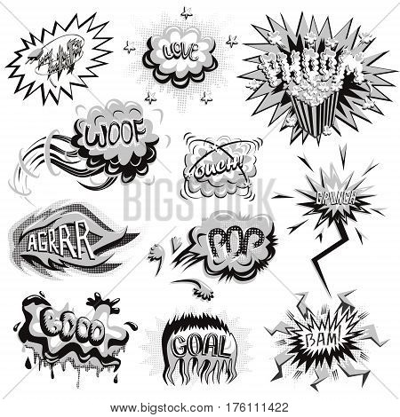 set of monochrome comics icons. Explosion bubbles. Comic book explosion set