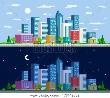 set of wide panoramas of the urban landscape in the day and night