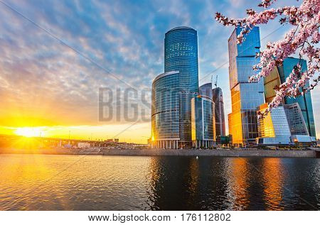Skyscrapers of Moscow City at spring sunset
