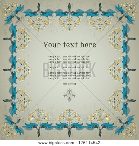 Vector square frame. Floral pattern in modern style. Hosta plant on vintage plaster background. Place for your text. Perfect for invitations announcement or greetings.