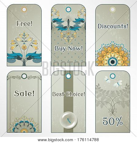 Set of six tags. Hosta fern and lacewing on vintage plaster background. Place for your text.