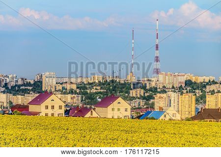 Urban landscape of the southern residential district of Belgorod city Russia. Cityscape with view of the city TV towers.