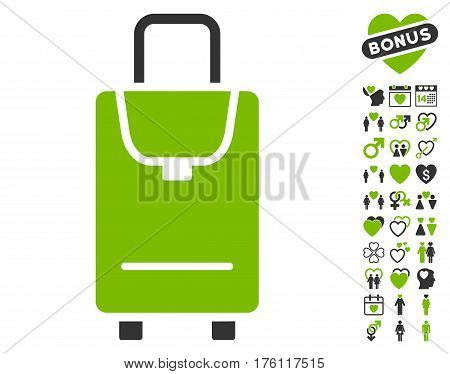 Carryon icon with bonus love pictures. Vector illustration style is flat iconic eco green and gray symbols on white background.