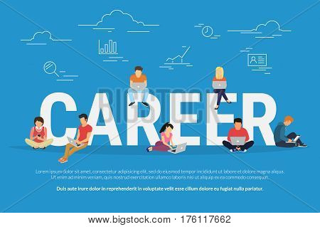 Career concept vector illustration of business people using devices for job searching and professional growth. Flat concept design of young men and women using laptop for work and self-development