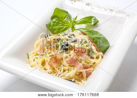 Pasta With Creamy Sauce And Fried Bacon