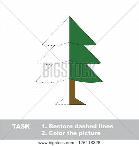 Fur Tree in vector to be traced, restore dashed line and color the picture. Simple visual game with easy education game level, educational worksheet for preschool kids.