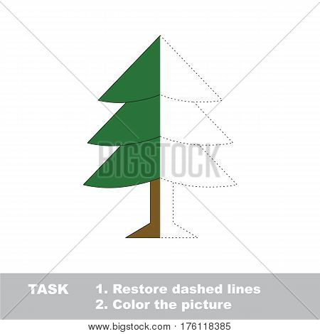 Fur Tree in vector to be traced, restore dashed line and color the picture. Simple visual game with easy education game level, educational worksheet for preschool kids.