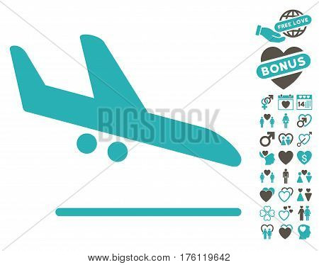 Aiplane Landing icon with bonus valentine pictograph collection. Vector illustration style is flat iconic grey and cyan symbols on white background.
