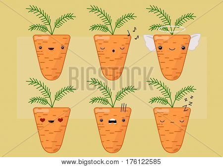 Carrots set of funny smiles. Fruit vegetables and food collection. Vector cartoon illustration. Cute stylish characters.