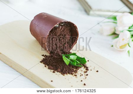 Chocolate Dessert In The Form Of A Fallen Flower Pot