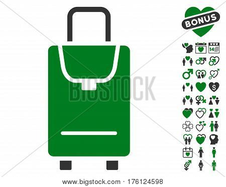 Carryon pictograph with bonus lovely symbols. Vector illustration style is flat iconic green and gray symbols on white background.