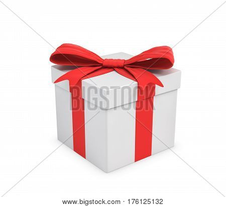 3d rendering of a white gift box tied with a red bow on white background. Gifts and presents. Birthday party. Sales and promotions.