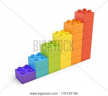 3d rendering of colorful stairs made of many bricks on white background. Games and toys. Puzzle pieces. Building blocks.