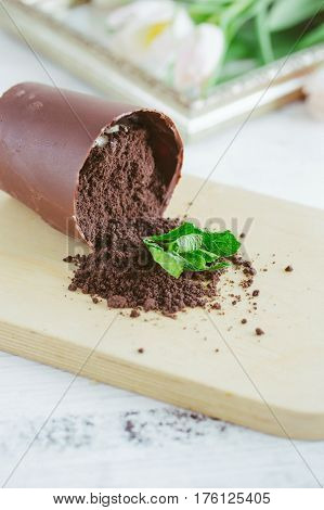 Chocolate Dessert In The Form Of A Fallen Flower Pot