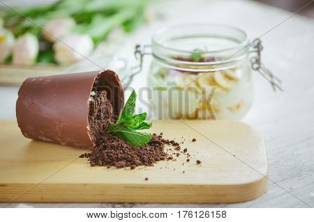 Chocolate Dessert In The Form Of A Fallen Flower Pot