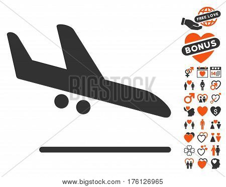 Aiplane Landing icon with bonus lovely symbols. Vector illustration style is flat iconic orange and gray symbols on white background.