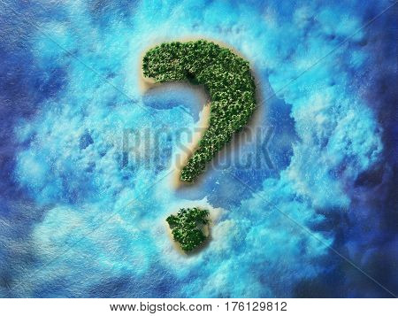 Aerial view of question mark shaped tropical island. An island in the shape of a question mark, bird's-eye view. Travel 3d illustration.