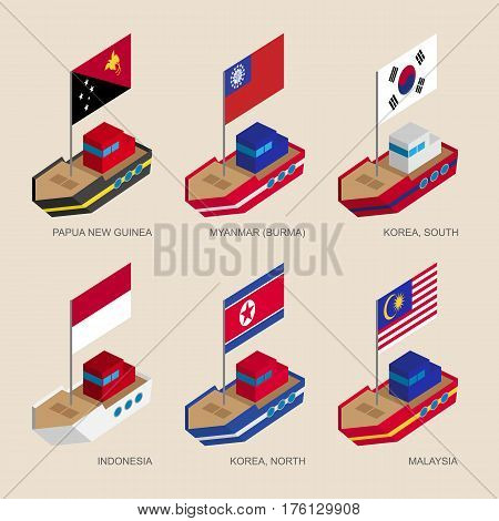 Isometric Ships With Flags: Papua, Myanmar, Korea, Indonesia, Malaysia