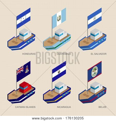 Isometric Ships With Flags: Honduras, Guatemala, Salvador, Nicaragua, Belize