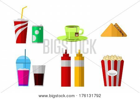 Vector icons sweet fast food elements. Restaurant breakfast menu isolated symbols. Cake design kitchen beverage dinner and dessert different meal.