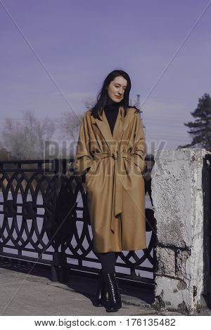 stylish young woman out for a walk. she dressed and looks very fashionable. coat of beige (camel) color and black turtleneck. beautiful woman.