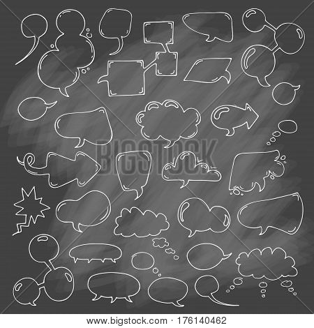 Vector set of cartoon hand drawn speech and thought communication bubbles. Isolated. outline. doodle. On chalk background