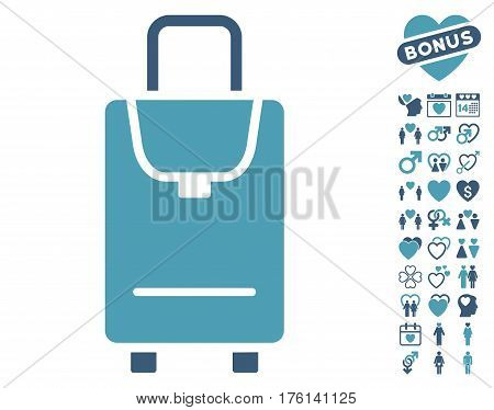 Carryon icon with bonus love icon set. Vector illustration style is flat iconic cyan and blue symbols on white background.