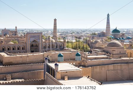 View of the ancient fortress of Ichan Kala from the observation deck. Khiva Uzbekistan