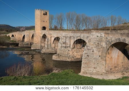 Medieval Bridge Over Ebro River In The Ancient City Of Frias Burgos Spain.