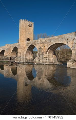 Medieval Bridge Over Ebro River In The Ancient City Of Frias Burgos Spain.