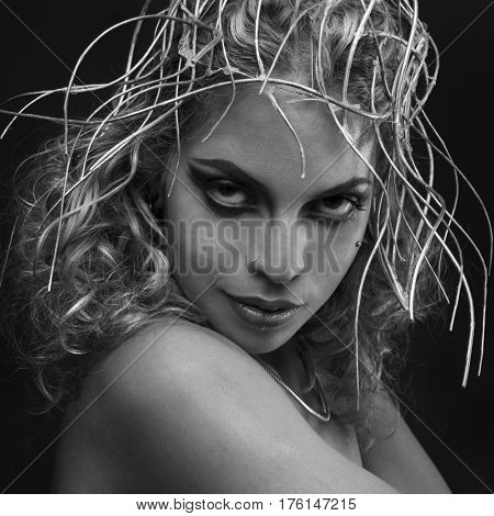 Imagination, Deity, beautiful woman with green hair in golden goddess armor. Fantasy warrior