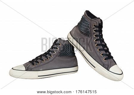 close up vintage style of sport gray sneaker shoes on white background with clipping paths
