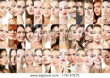 Set of beautiful women's studio portraits. 39 different female faces. Caucasian, asian, african and latino amazing women. Beauty.