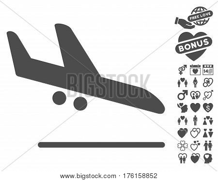 Aiplane Landing pictograph with bonus lovely design elements. Vector illustration style is flat iconic gray symbols on white background.