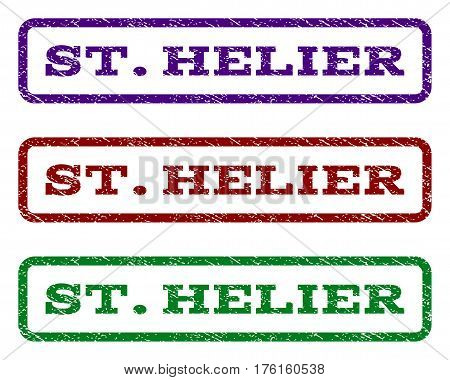 St.Helier watermark stamp. Text tag inside rounded rectangle frame with grunge design style. Vector variants are indigo blue, red, green ink colors. Rubber seal stamp with dirty texture.