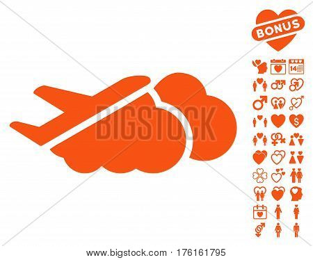 Airplane Over Clouds pictograph with bonus dating images. Vector illustration style is flat iconic orange symbols on white background.