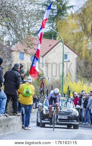 Conflans-Sainte-HonorineFrance-March 62016: The Luxembourgish cyclist Laurent Didier of Trek-Segafredo Team riding during the prologue stage of Paris-Nice 2016.