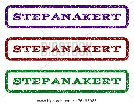 Stepanakert watermark stamp. Text tag inside rounded rectangle with grunge design style. Vector variants are indigo blue, red, green ink colors. Rubber seal stamp with scratched texture.