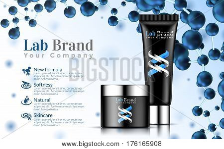 Excellent Cosmetics Advertising, Gentle. Hand Cream Black Tube on Soft White and Blue Background with Formula Atoms. Package Design Sale or Promotion New Product. 3D Vector Illustration.