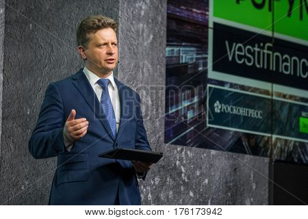 Moscow, Russia - March 11, 2017: Russian Minister of Transport Maksim Yurevich Sokolov speaks at the forum Vestfinance