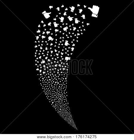 Thumb Up random fireworks stream. Vector illustration style is flat white iconic symbols on a black background. Object fountain combined from scattered pictographs.