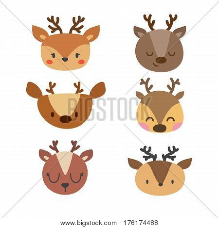Set Of Cute Deers. Funny Doodle Animals. Little Fawn In Cartoon Style