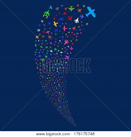 Airplanes random fireworks stream. Vector illustration style is flat bright multicolored iconic symbols on a blue background. Object fountain organized from scattered pictographs.
