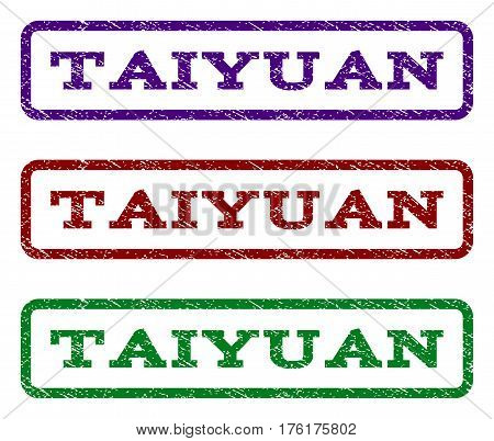 Taiyuan watermark stamp. Text caption inside rounded rectangle frame with grunge design style. Vector variants are indigo blue, red, green ink colors. Rubber seal stamp with dirty texture.