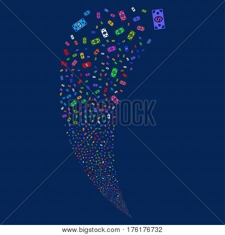 Banknote random fireworks stream. Vector illustration style is flat bright multicolored iconic symbols on a blue background. Object fountain combined from scattered pictographs.
